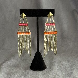 Vintage Art Deco Style Dangle‎ Earrings – Orange & Pink Chain Fringe 3" Long